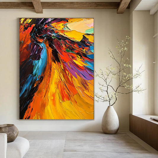 Contemporary abstract oil painting features a vivid angel with colorful wings highlighted by thick brushstrokes and dramatic lighting in a close-up view. DLZ0397