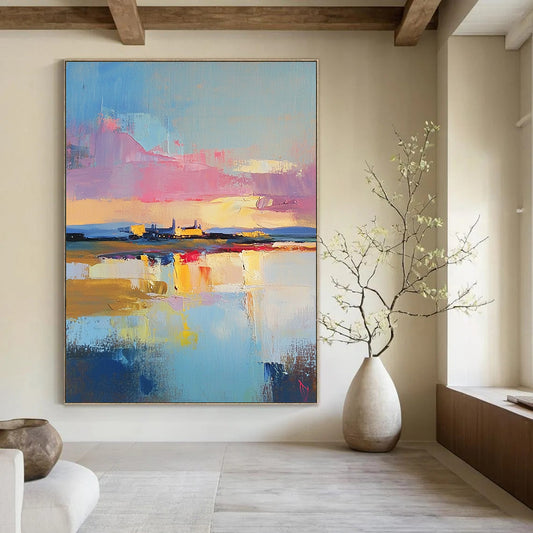 Contemporary abstract painting showcasing a dreamy oil-painted sky above an RAF base with vibrant scripted colors reflecting on water below. DLZ0660