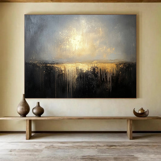 “Gilded Twilight Horizon” - Gray, Gold, Dripping Textures, Abstract Landscape Painting On Canvas HB0896