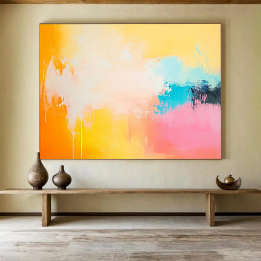 “Sunset Drip” - Orange, Yellow, Pink, Blue, Abstract Dripping Painting On Canvas HB1066