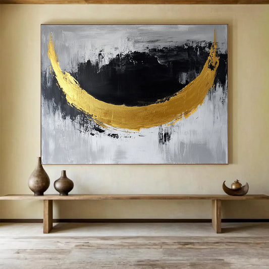 “Golden Crescent” - Gold, Black, Gray, Abstract Moon - Shaped Painting On Canvas HB1044