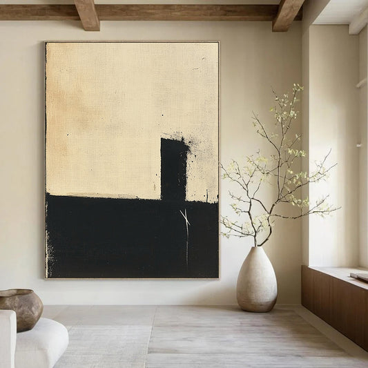 Contemporary hand-painted abstract art featuring a minimalistic black and beige palette with simple shapes and visible brush strokes on inked paper. DLZ0940