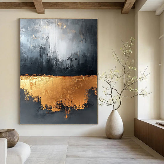 Large contemporary abstract painting in gray and gold tones with gold foil and strong textures for luxurious wall decor. DLZ0521
