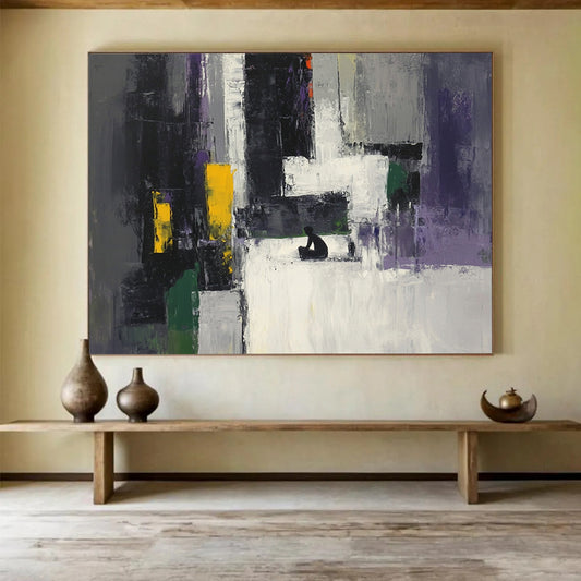 “Colorful Abstract with Figure” - Gray, Purple, Yellow, Green, Figure Silhouette - Painting On Canvas HB1428