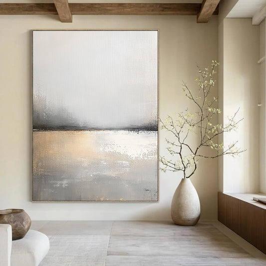 Large contemporary hand-painted abstract artwork features serene gray and white tones with soft brushstrokes and a calming effect that enhances tranquil spaces. DLZ0403