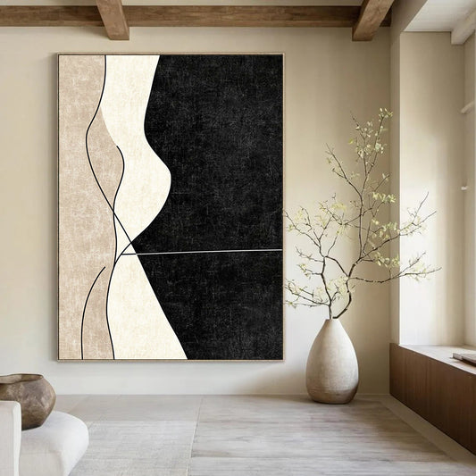 Modern contemporary abstract painting with clean lines showcasing elegant curved shapes in neutral tones against a deep black background. DLZ1375