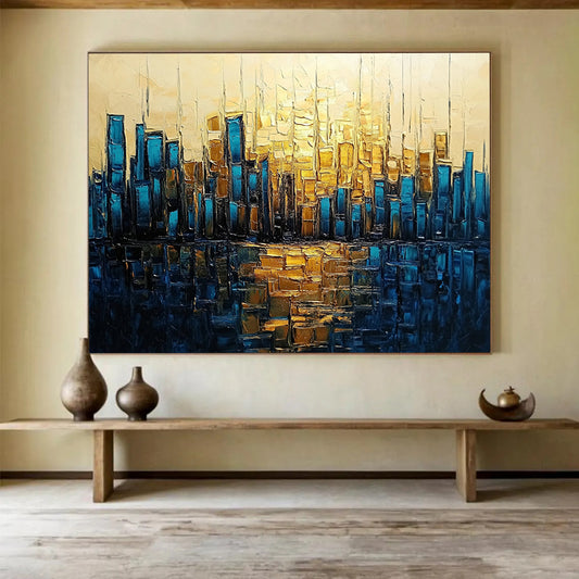 “Golden - Blue City Reflection” - Gold, Blue, Cityscape with Water Mirroring HB1136