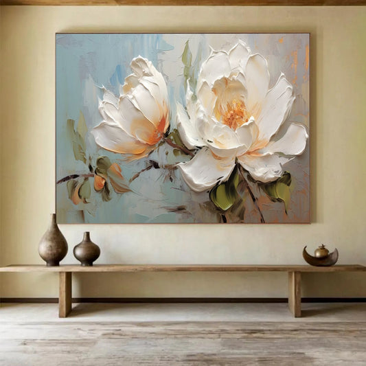 Textured White Peony Painting - Elegant Bedroom Floral Decor DLZ174