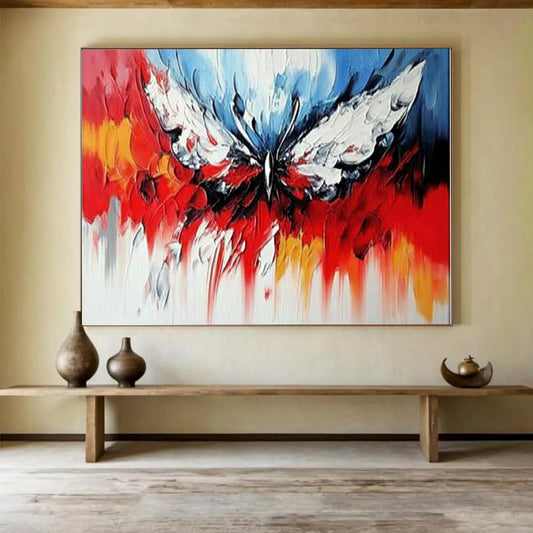 Red, Blue, White, Yellow and Gray Abstract Butterfly "Vibrant Wings" Painting On Canvas HB0418