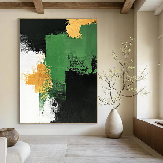 Contemporary hand-painted abstract artwork features a green and white palette with gold accents bold brush strokes on a black background framed by white. DLZ0878