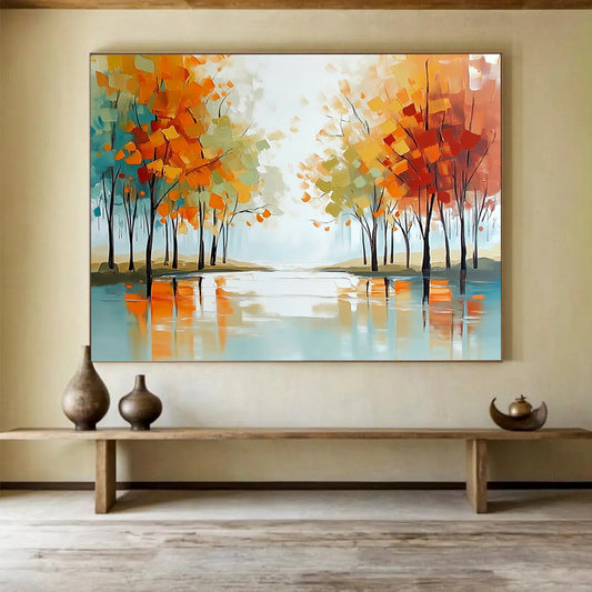 Abstract Autumn Trees Reflecting in Water - Modern Landscape Painting On Canvas HB0455