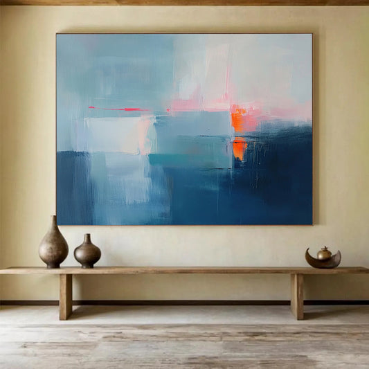 “Subtle Abstract Horizon in Blue” - Blue, white, pink, orange; Subtle abstract horizon with soft colors; Acrylic Painting On Canvas HB1274