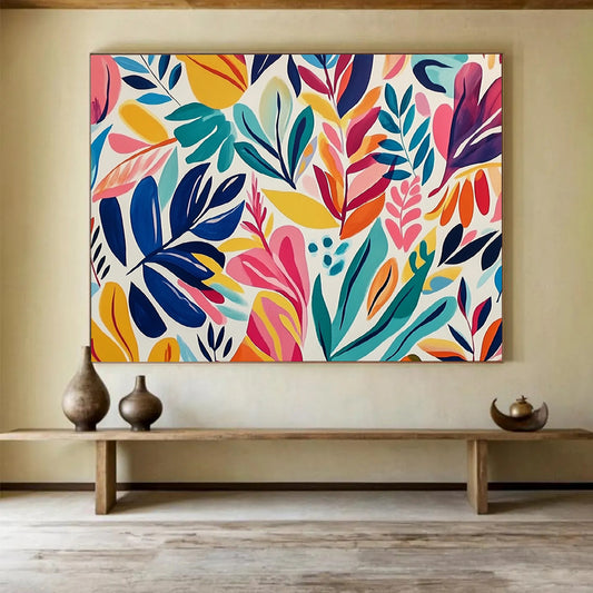 “Colorful Leaf Pattern” - Blue, Green, Pink, Yellow, Vibrant Botanical Design - Gouache Painting HB1661