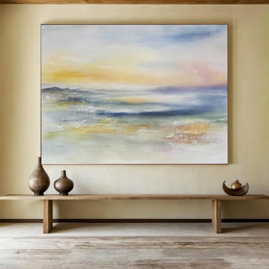 “Dreamy Horizon” - Yellow, Pink, Blue, Subtle Sky and Water Painting On Canvas HB0942