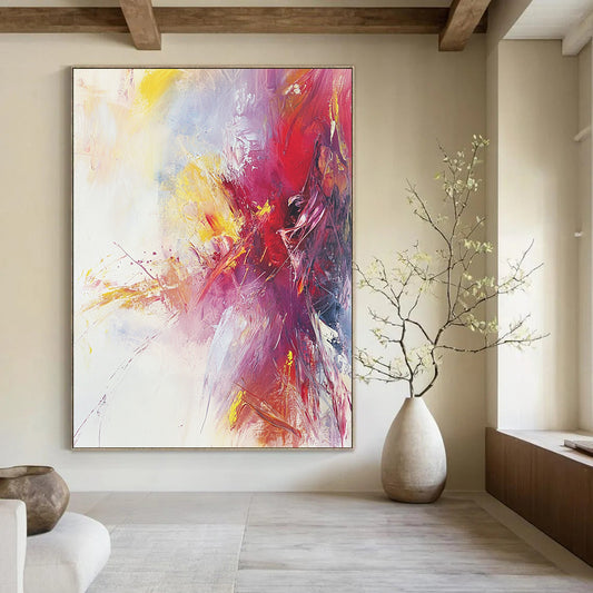 Large contemporary hand-painted abstract artwork featuring warm colors and soft brushstrokes on a serene white background with subtle splashes of bright color. DLZ1068