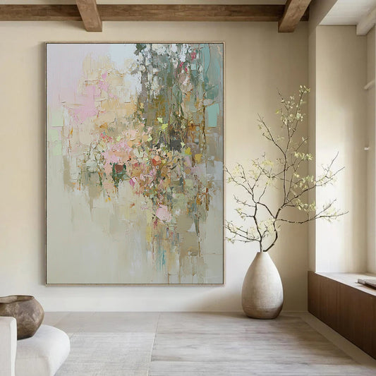 Contemporary abstract artwork showcasing an overgrown garden in muted pastels with visible textures and dreamy soft lighting emphasizing natural beauty. DLZ0889