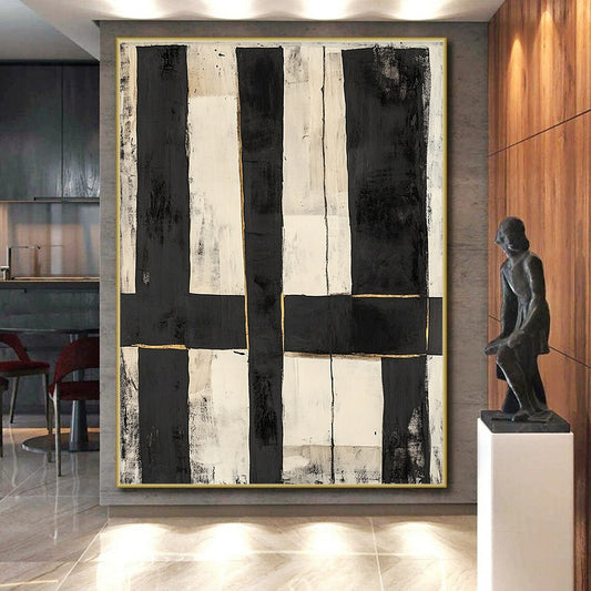 Black, White, Gold, Vertical Rectangles "Gilded Grid" Abstract Constructivist - Inspired Painting On Canvas HB142