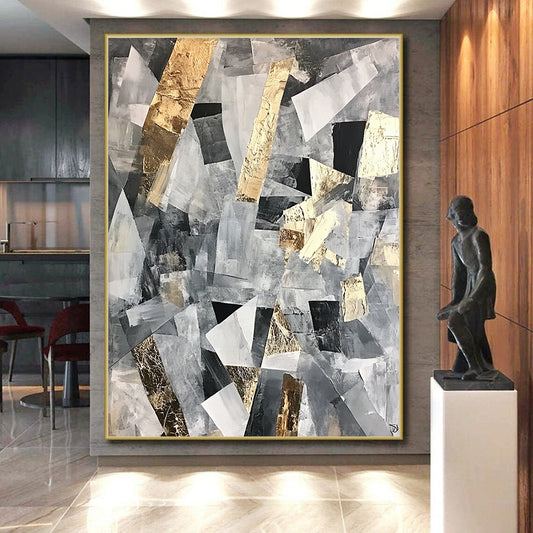 Gray, Black, White and Gold Abstract Collage "Urban Mosaic" Painting On Canvas HB369