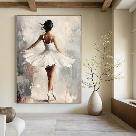 Contemporary hand-painted abstract art featuring an elegant ballerina in a white dress with graceful movements set against a soft gray and neutral background. DLZ1121