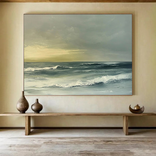 Green, Gray, White and Beige Subtle Seaside "Quiet Surf" Painting On Canvas HB0674