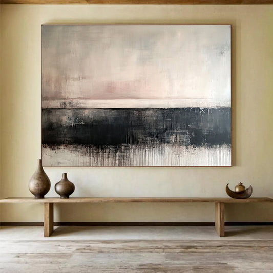 “Muted Abstract Horizon” - Soft tones of gray, beige, black; Abstract horizon with drip effects; Acrylic Painting On Canvas HB1266