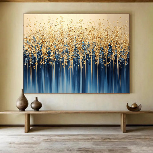 “Golden Forest Cascade” - Gold, Blue, White, Abstract Tree - like Forms with Drips Painting On Canvas HB1085