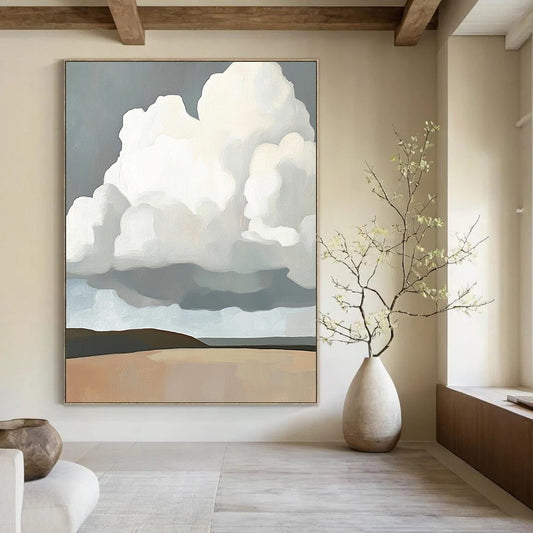 Abstract oil painting featuring large white clouds above a grey brown landscape in a minimalist style inspired by contemporary art. DLZ1681