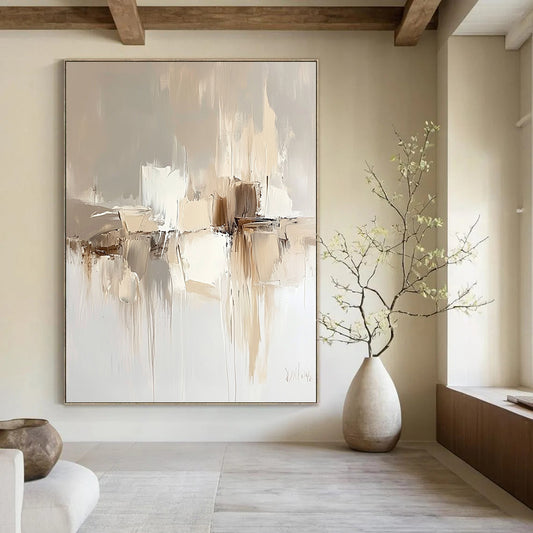 Contemporary hand-painted abstract artwork in soft neutral tones featuring a beige background and elegant fluid shapes that enhance modern interiors. DLZ0287