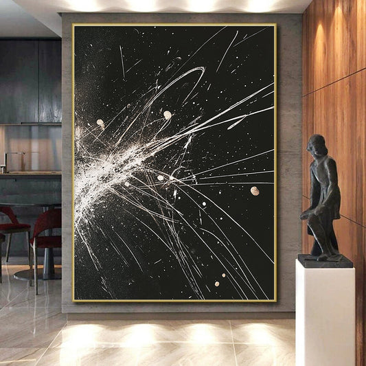 Black, White, Gold, Explosive Lines "Celestial Fireworks" Abstract Expressionist Painting On Canvas HB083