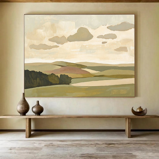 “Softly Painted Landscape” - Green, beige, pink, blue, Minimalist Landscape Painting HB0622