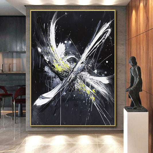 Black, White, Gray, Yellow, Explosive Strokes "Energetic Burst" Abstract Expressionist Painting On Canvas HB067