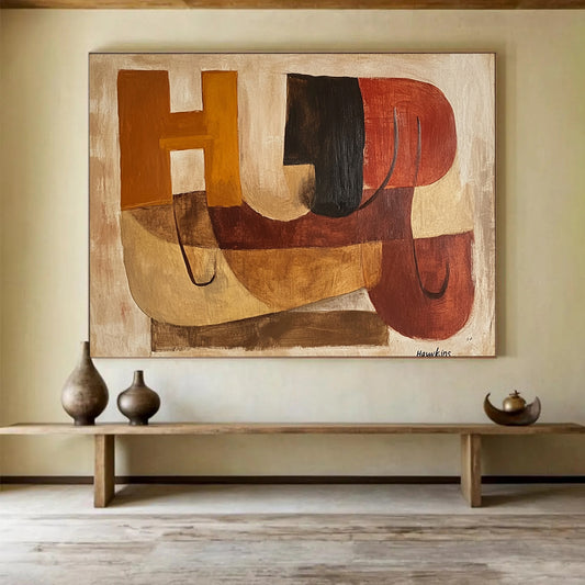“Abstract Letters & Shapes” - Brown, Orange, Red, Geometric Abstract Painting On Canvas HB0678