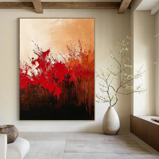 Contemporary hand-painted abstract artwork featuring red and brown hues against a textured beige background with elegant brushwork and depth. DLZ0991