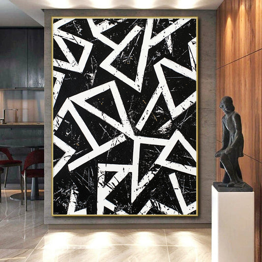 Black, White, Geometric Triangles "Monochrome Maze" Abstract Op - Art Painting On Canvas HB108