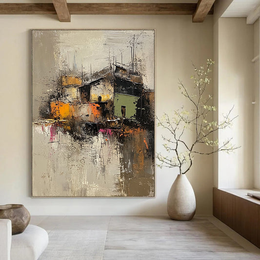 Contemporary abstract artwork featuring an old village in muted grey and brown, highlighted with vibrant green, yellow, orange, and pink textures. DLZ0961