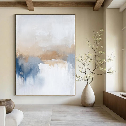 Contemporary large hand-painted abstract art featuring soothing beige and blue tones, evoking calming vibes of a serene sea horizon. DLZ0404