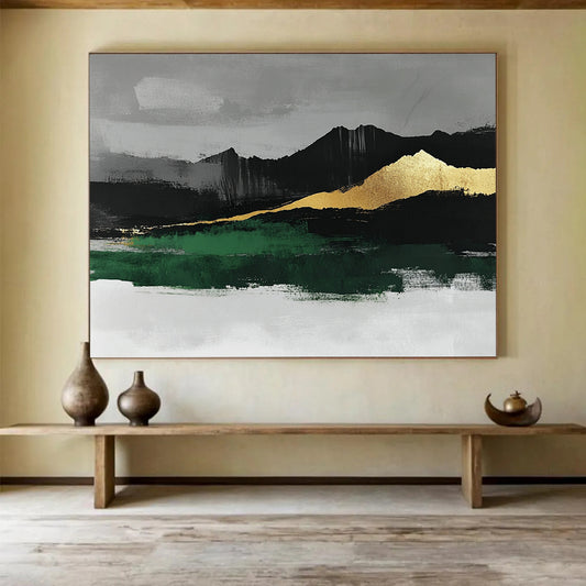 “Gold - Mountain Landscape with Green” - Gold, Green, Black, Gray, Mountain Shapes Painting On Canvas HB0808