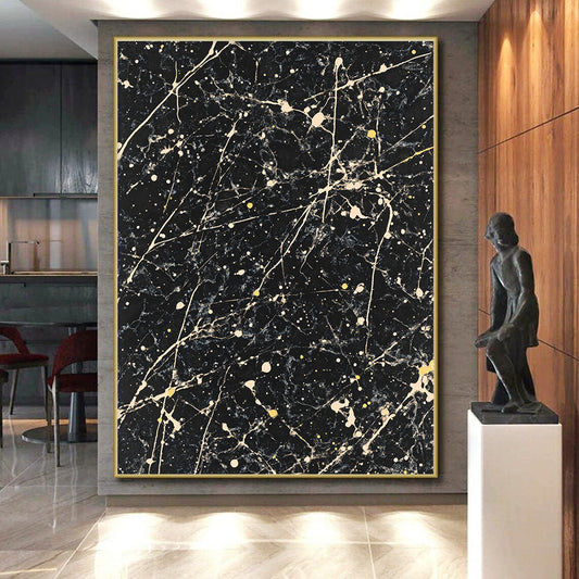 Black, White, Yellow, Marbled Patterns "Starry Night Marble" Abstract Modernist Painting On Canvas HB049