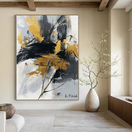 Contemporary abstract artwork featuring bold black white and gold brush strokes and palette knife technique with signature D Finish. DLZ1557