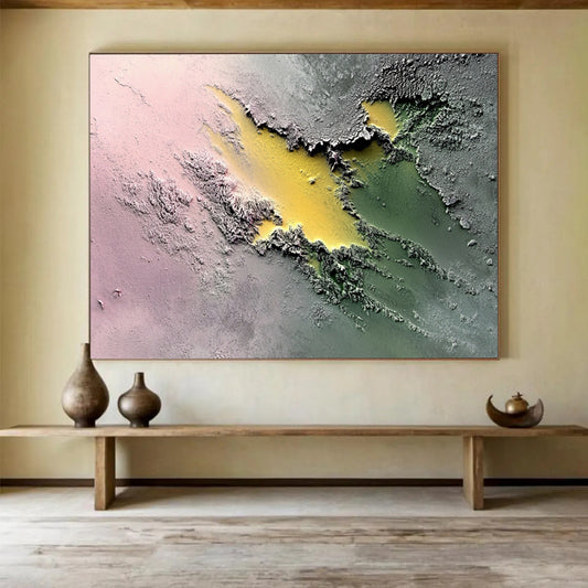 “Colorful Textured Terrain” - Pink, Yellow, Green, Textured Abstract Painting On Canvas HB0780