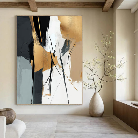Contemporary abstract wall art featuring elegant brushstrokes in black beige and gold harmoniously blended with natural elements for a tranquil atmosphere. DLZ0318
