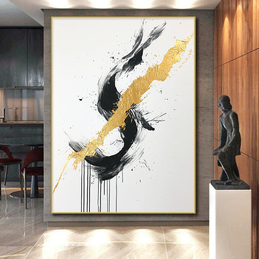 Black, White, Gold, Gray, Intertwined Strokes "Gilded Fusion" Abstract Expressionist Painting On Canvas HB099
