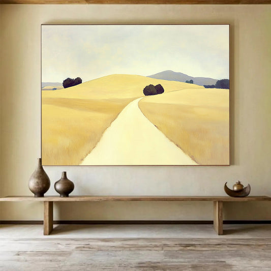 Yellow, Gray, Purple and Green Minimalist Path "Golden Journey" Painting On Canvas HB0672