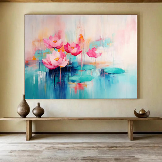 “Pastel Lotus Serenity” - Soft pinks, turquoises, oranges; Dreamy lotus flowers, pond; Impressionistic Floral Painting On Canvas HB1159