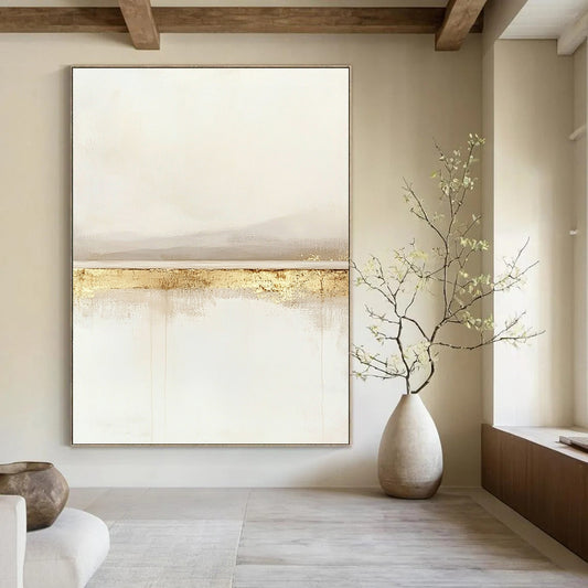 Large contemporary abstract painting featuring a serene horizon line in soft whites and beiges with subtle gold accents for a tranquil feel. DLZ1323