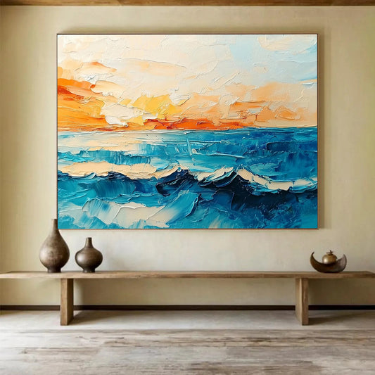 “Sunset Ocean Waves” - Orange, Yellow, Blue, Impasto Seaside Sunset Painting On Canvas HB1029