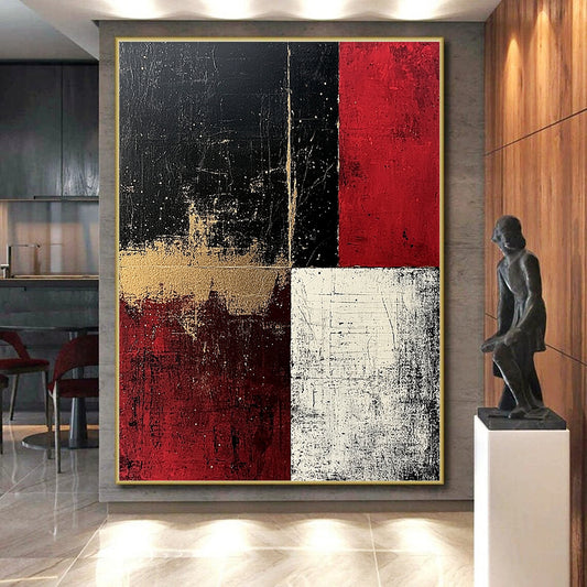 Black, Red, White, Gold, Geometric Blocks "Rustic Drama" Abstract Painting On Canvas HB039