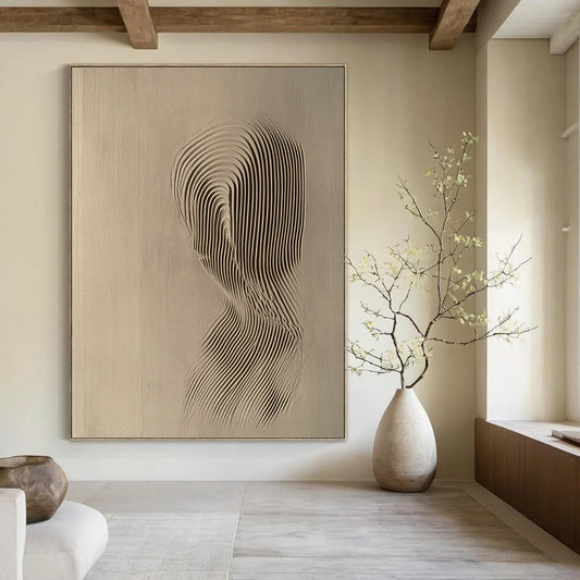 Contemporary abstract art featuring a relief carving of the female form with soft lines and curves in light beige against a neutral backdrop. DLZ1073