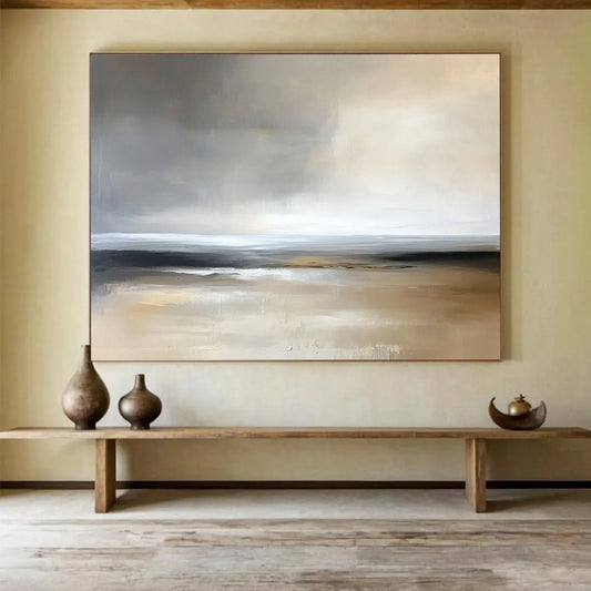“Muted Coastal Calm” - Grays, beiges, whites; Abstract minimalist beach scene; Soft Acrylic Painting On Canvas HB1181