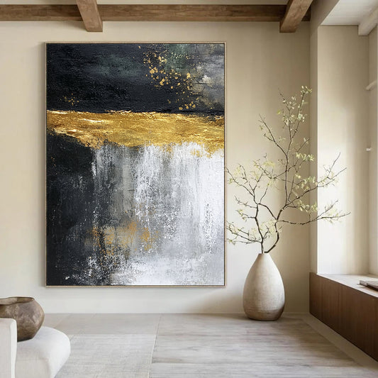 Contemporary hand-painted abstract artwork featuring cascading water, vibrant light yellow glaze, and dark rock contrasts, evoking natural beauty in dynamic movement. DLZ1208